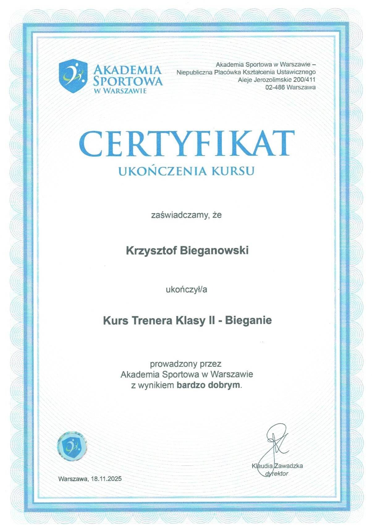 Certyfikat trenera biegania II klasy