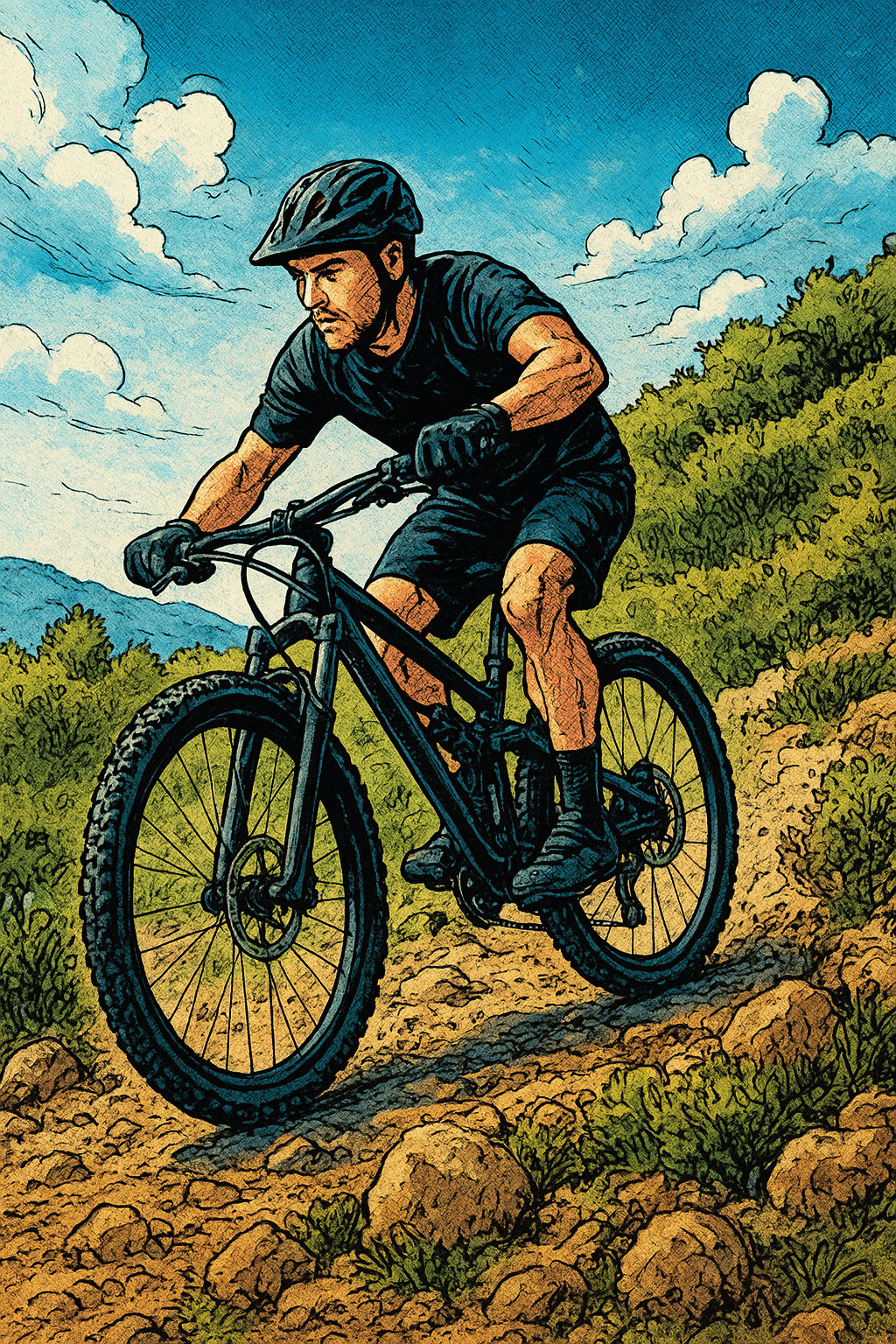 Rowerzysta na jadący z góry